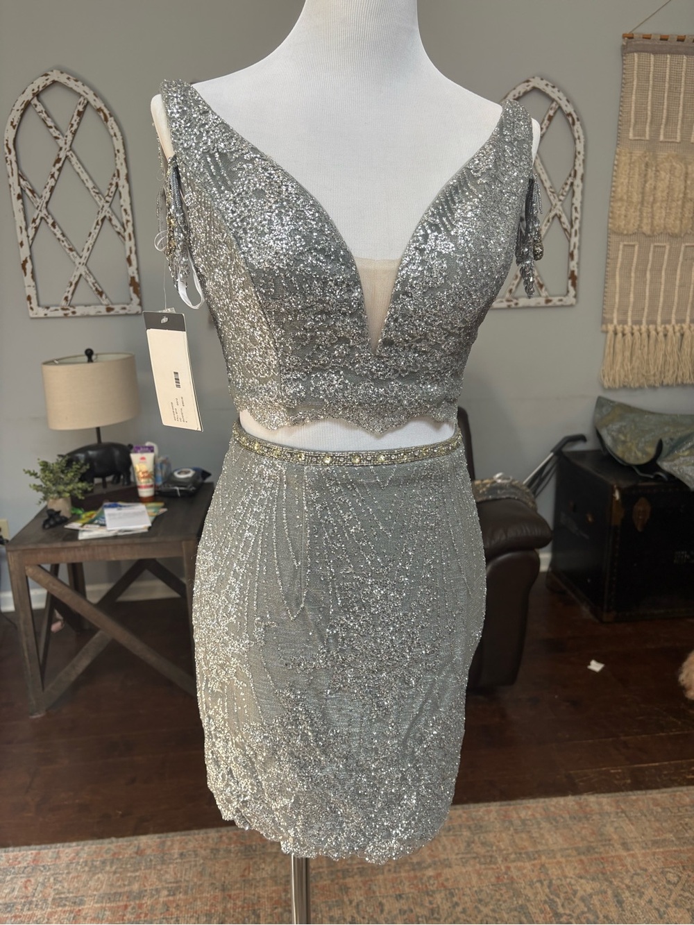 Rachel Allan Silver Beaded Two-Piece Cocktail Dress
